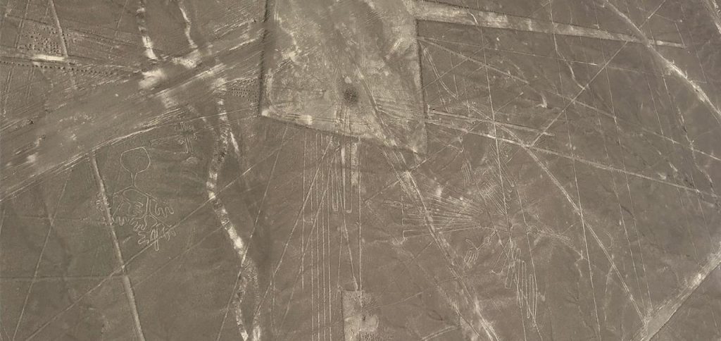 Aerial view of the Nazca Lines hummingbird geoglyph in Peru