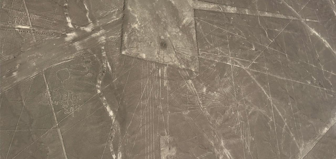 Aerial view of the Nazca Lines hummingbird geoglyph in Peru