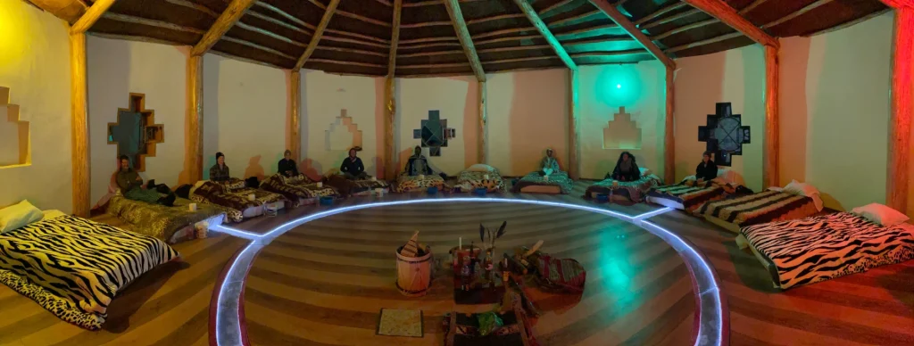 Participants in the temple for Ayahuasca, experiencing plant medicine in Peru.