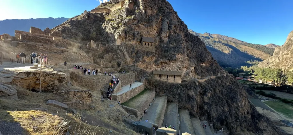 Ollantaytambo Peru Inca fortress terraces above living Andean town