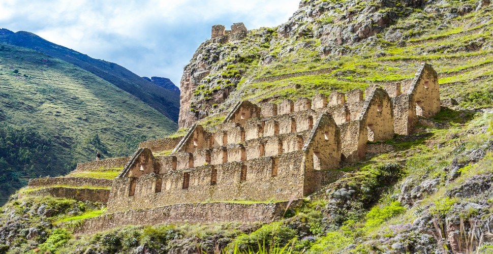 Ollantaytambo Qollcas storage structures on hillside in Sacred Valley