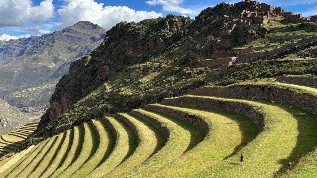 Private tour guide explaining ancient Inca agricultural terraces to travelers at Machu Picchu citadel in Peru